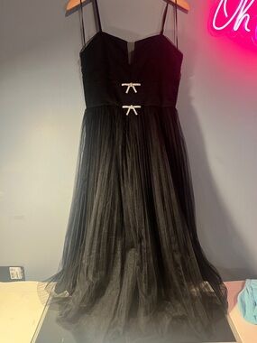 miami Black Spaghetti-Strap Midi Tulle Dress with Rhinestone Bows